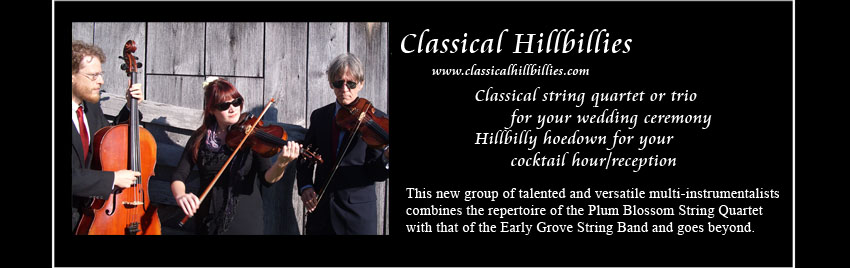 Classical Hillbillies, www.classicalhillbillies.com,
    Classical string quartet or trio for your wedding ceremony, Hillbilly hoedown for your cocktail hour/reception
    This new group of talented and versatile multi-instrumentalists combines the repertoire of the Plum Blossom String Quartet
    with that of the Early Grove String Band and goes beyond.